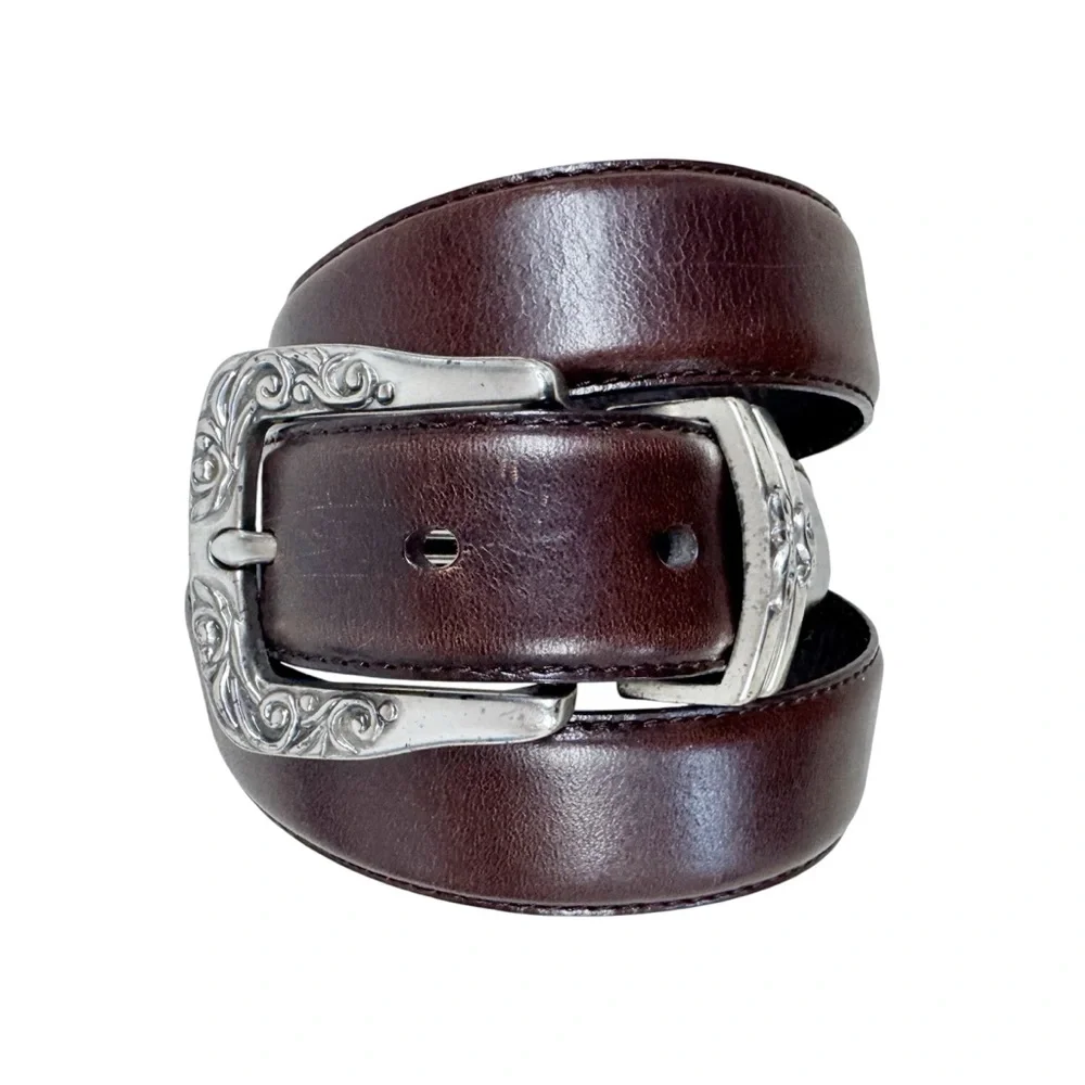 VINTAGE Fossil Brown Leather Western Engraved Silver Belt Medium Ornate Boho‎